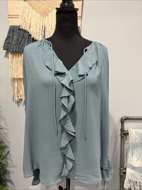 H&M Blue Gray Ruffle Tie Neck Blouse XS